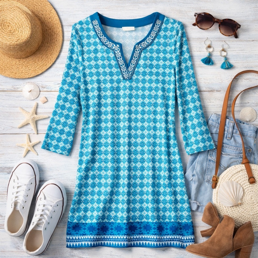 Boho Coastal Medallion Print Tunic Dress Magnolia Grace Blue Size S Stretch